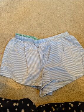 aerie Blue and White Stripe Cotton Sleep Shorts with Green Trim